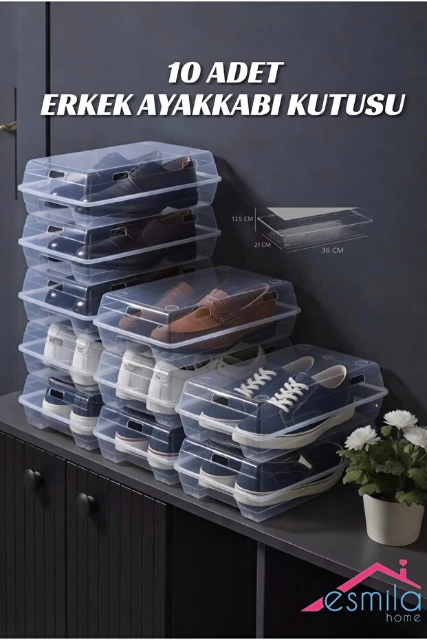10 Adet Erkek Ayakkabı Kutusu Şeffaf Düzenleyici Kutu Organizer 10 Lu Set